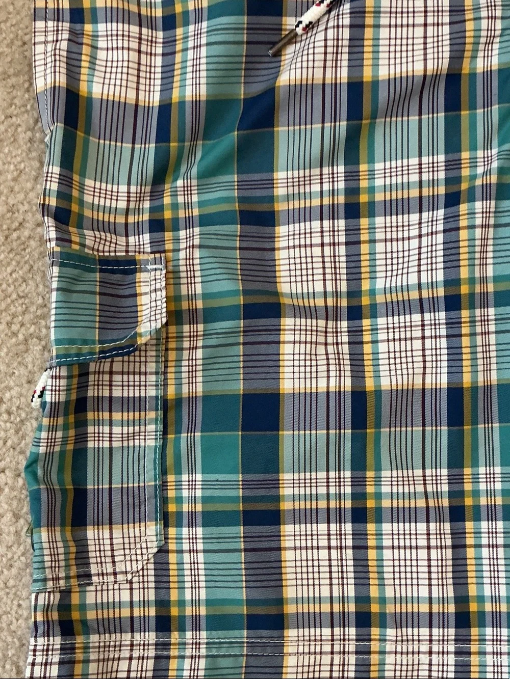Lands' End Men's Plaid Swim Board Shorts in Teal, Navy & White - Size M 32-34